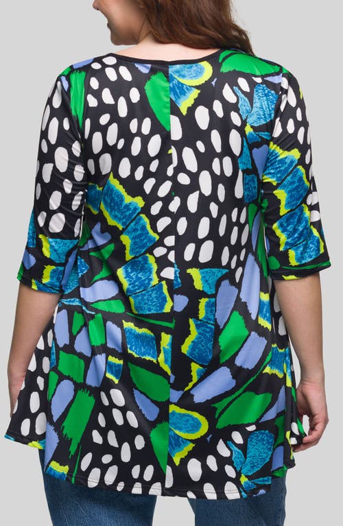 24seven Comfort Apparel Plus Size Print Elbow Sleeve Casual Tunic Top In Green Multi