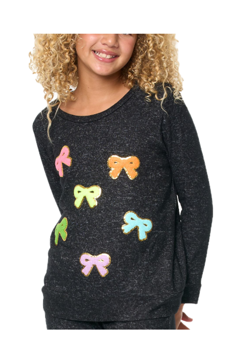 Malibu Sugar Hacci sweatshirt top with bow patches - Little Kid, Main, color, Charcoal