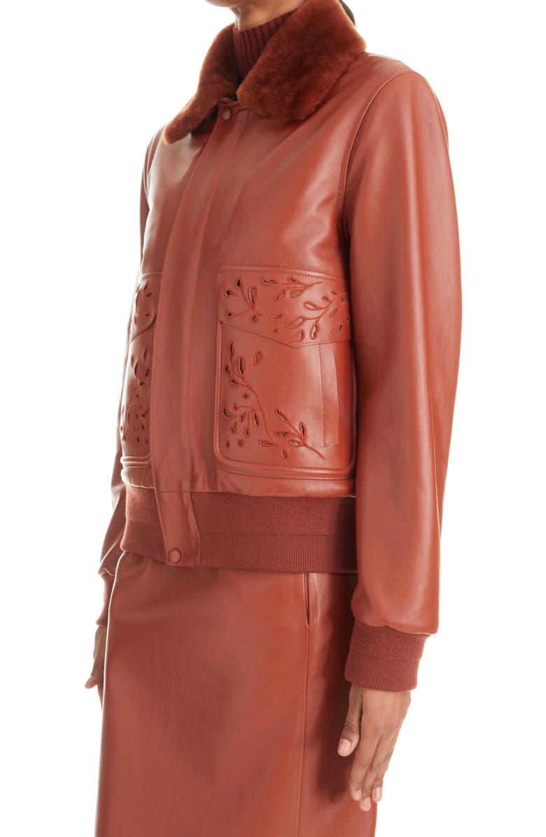Chloé Broderie Anglaise Leather & Genuine Shearling Bomber Jacket, Alternate, color, 