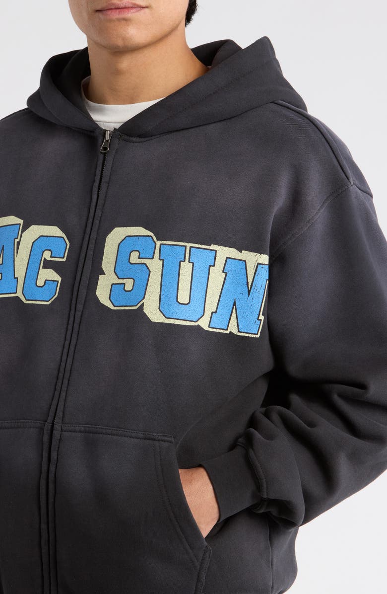 PacSun Varsity Bear Front Zip Cotton Hoodie, Alternate, color, Washed Black