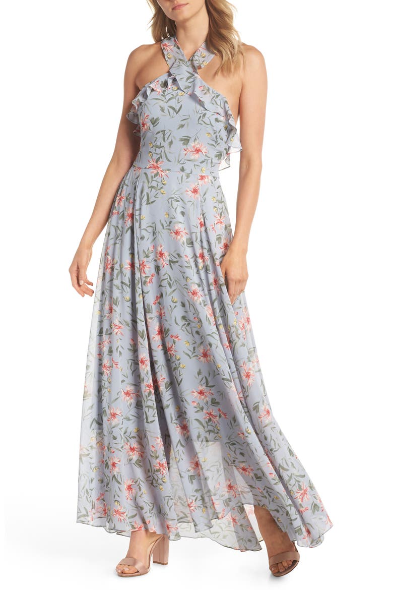 Ella Floral Ruffle Chiffon Maxi Dress, Main, color, SMOKE BLUE GREY/ LIGHT RED