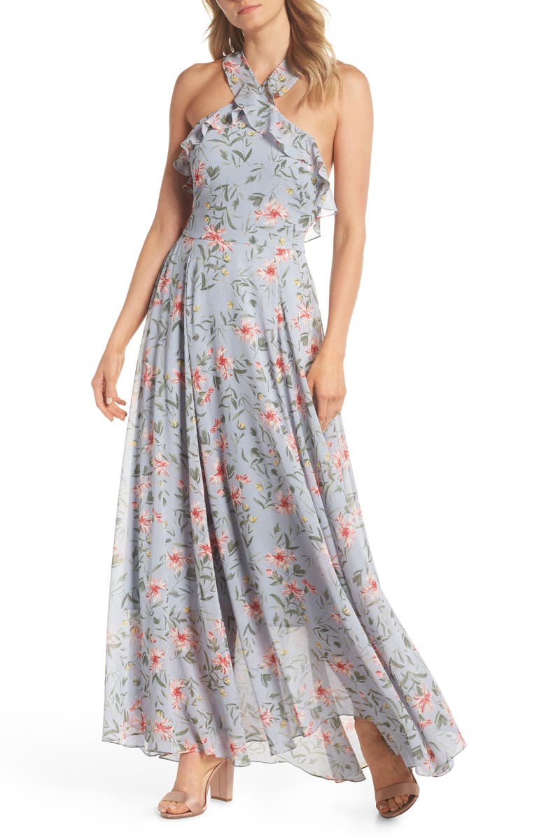 Gal Meets Glam Collection Ella Floral Ruffle Chiffon Maxi Dress, Main, color, 