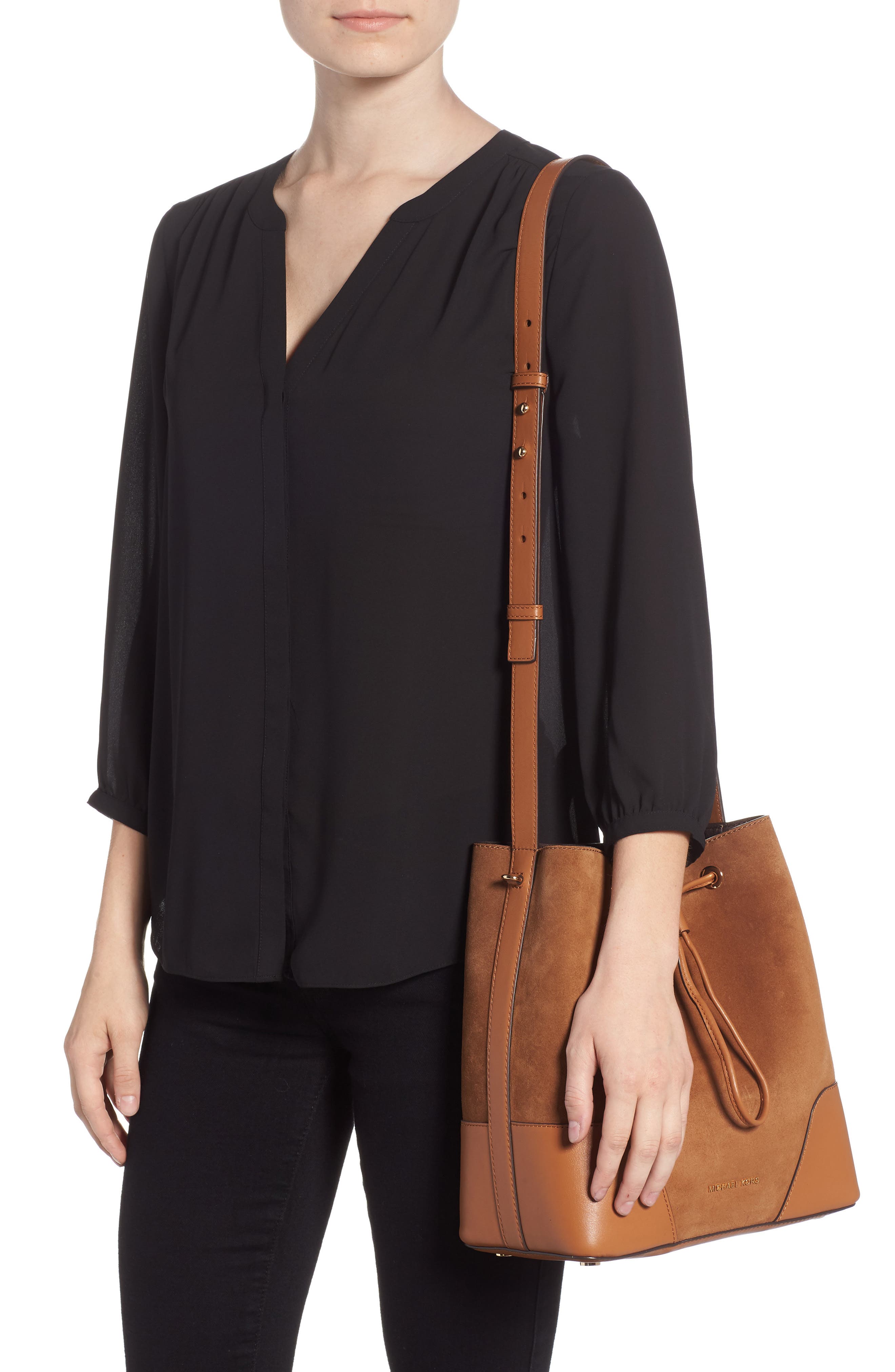 MICHAEL Michael Kors Cary Leather & Suede Bucket Bag, Alternate, color, 