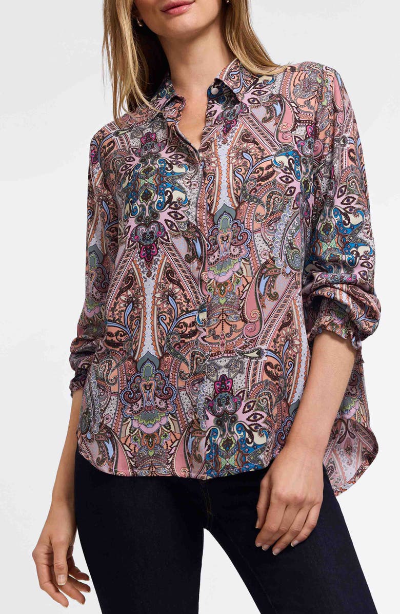 Foxcroft Olivia Paisley Print Smocked Cuff Button-Up Shirt, Main, color, Brown Multi