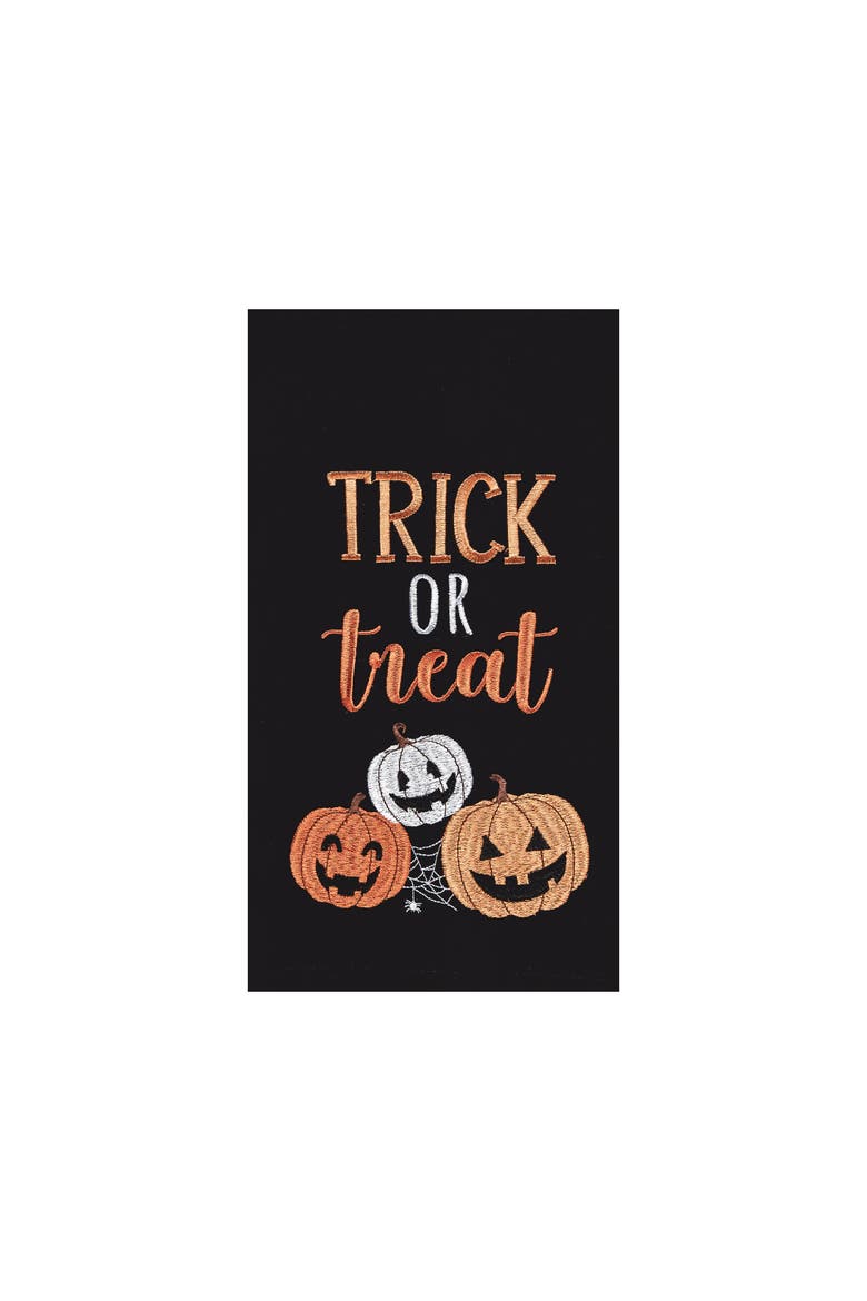 Trick Or Treat Pumpkins Embroidered Woven Halloween Kitchen Towel, Main, color, Black