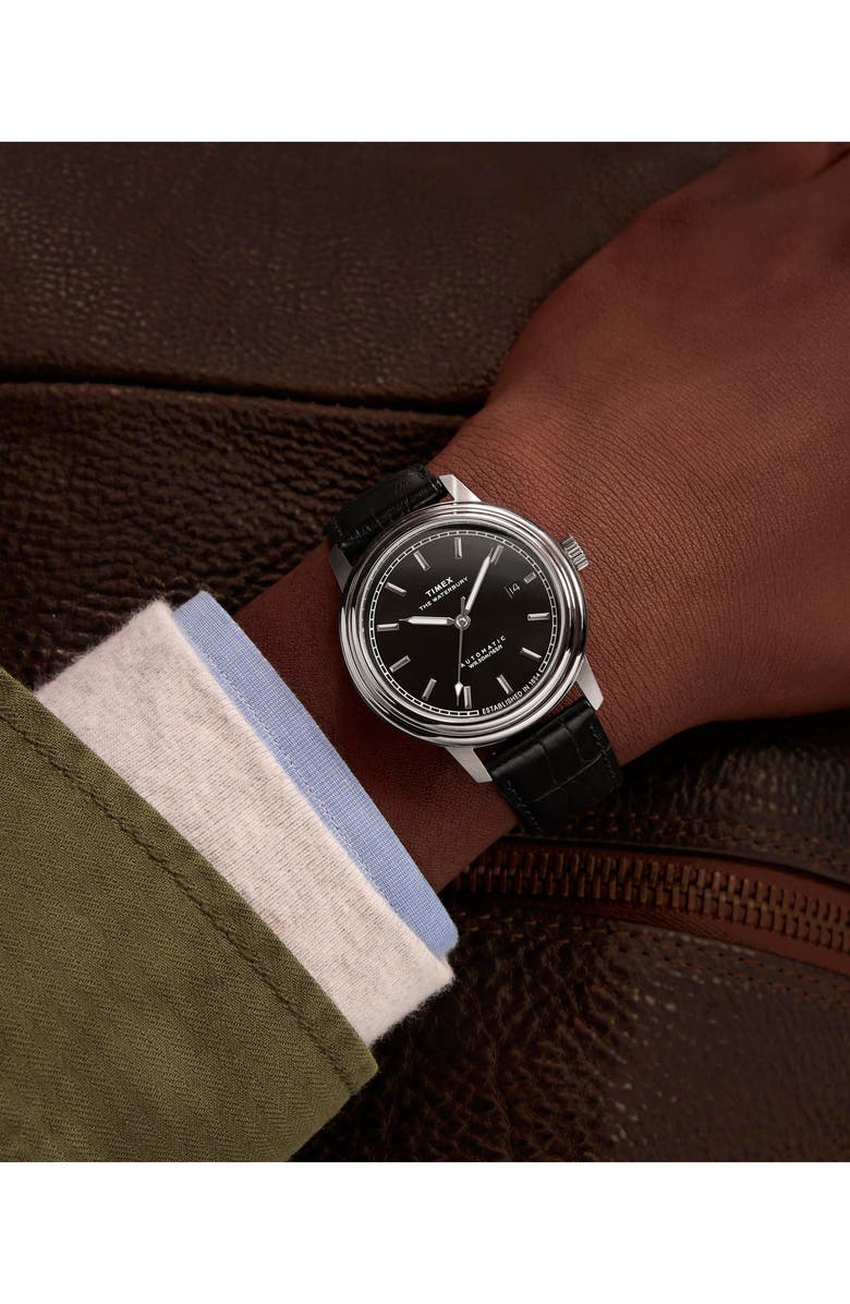 Timex<sup>®</sup> Waterbury Metropolitan Automatic Leather Strap Watch, 41mm, Alternate, color, Black