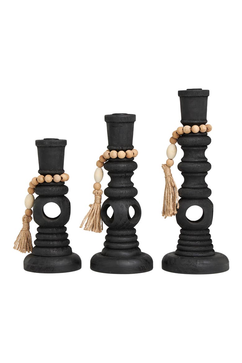 Set of 3 Wood Pillar Candle Holders, Main, color, BLACK
