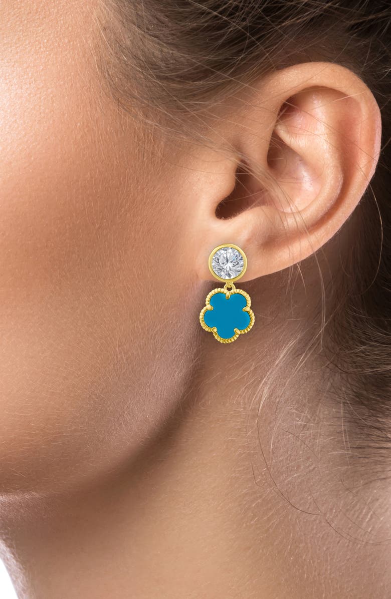 CZ by Kenneth Jay Lane CZ & Clover Dangle Earrings, Alternate, color, Turquoise/ Clear Gold