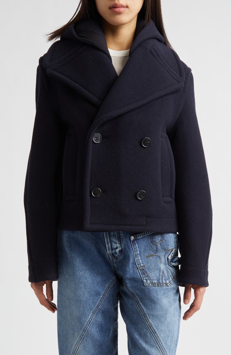 JW Anderson Crop Double Face Wool Peacoat with Removable Hood, Main, color, 
