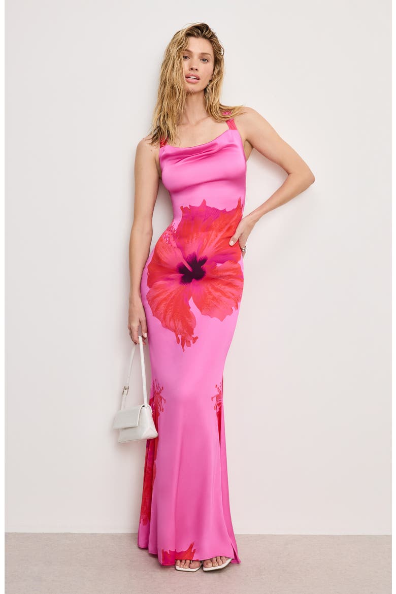 Satin Lace-Up Maxi Slipdress, Alternate, color, PINK HIBISCUS002