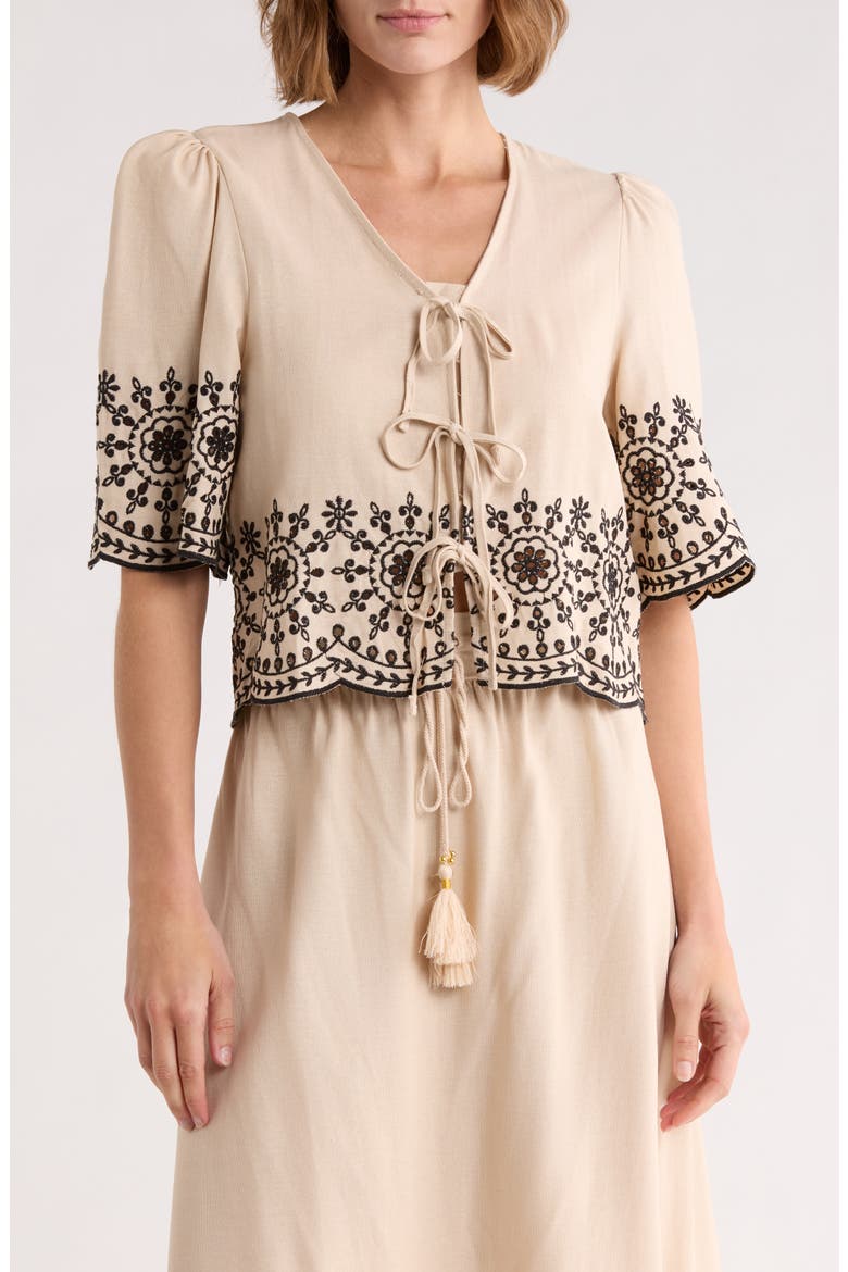 Eyelet Embroidered Tie Top, Main, color, LINEN