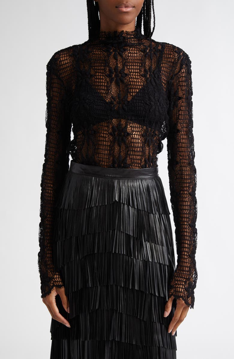 Ulla Johnson Amal Floral Lace Mock Neck Top, Main, color, Noir