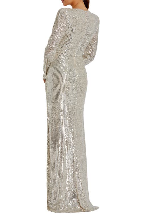 Mac Duggal Sequined Long Sleeve Faux Wrap Ruched Gown In Gray