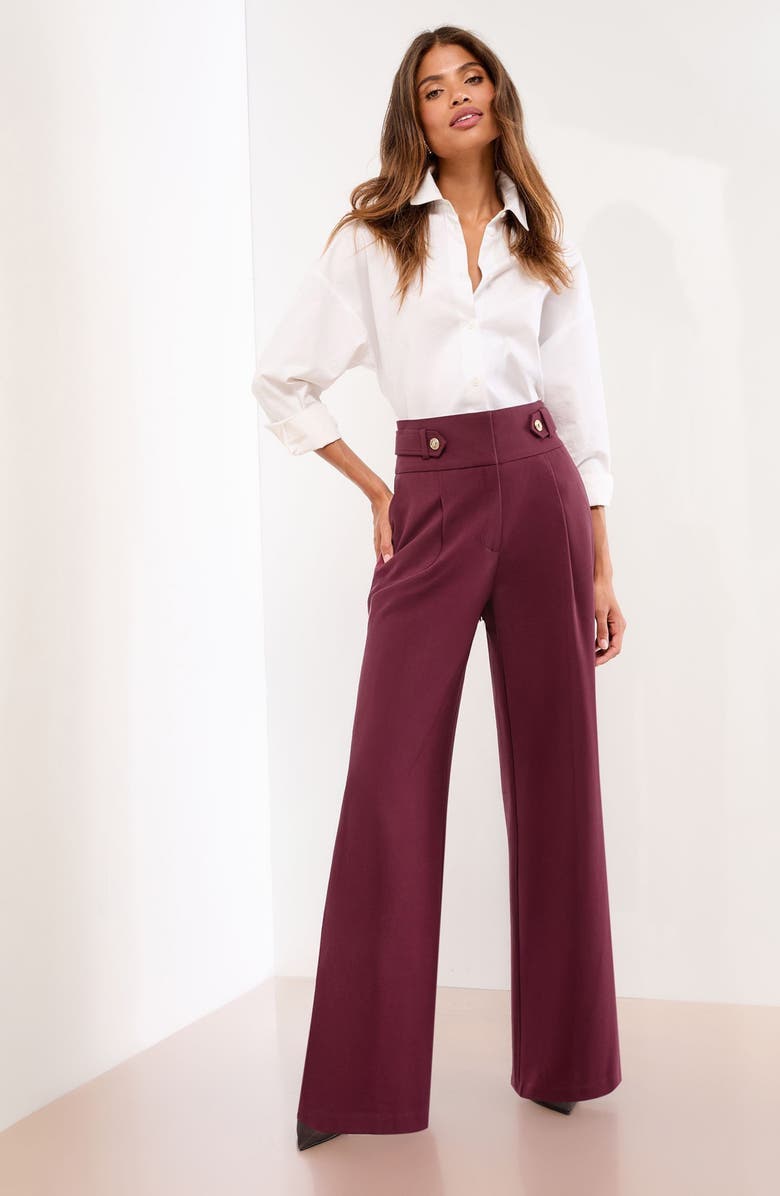Lipsy Button Detail Wide Leg Pants, Alternate, color, Burgundy
