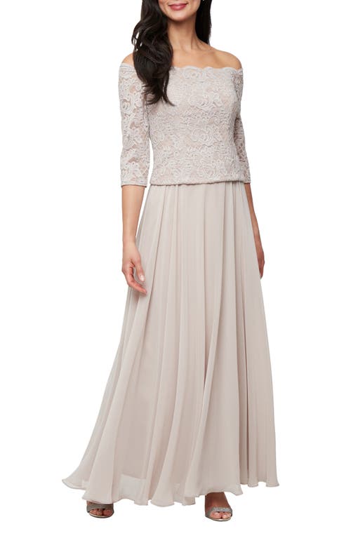 Alex Evenings Mixed Media Off The Shoulder Gown In Taupe