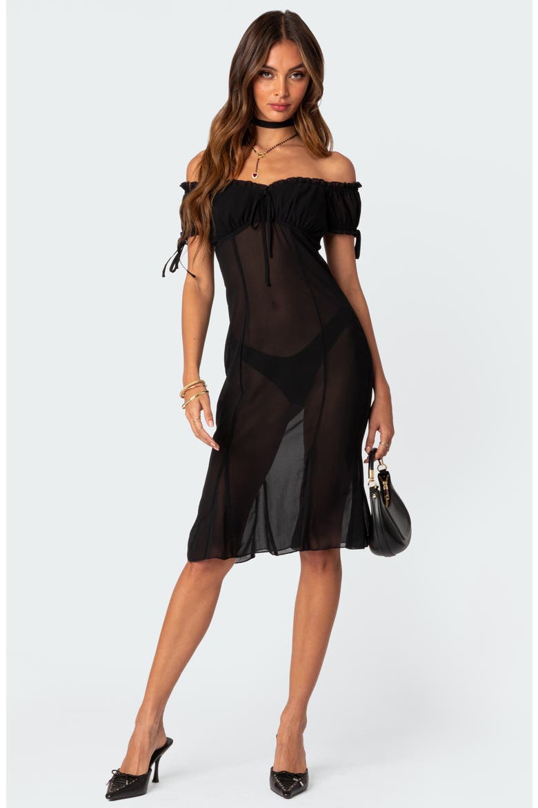 Off the Shoulder Sheer Mesh Dress, Alternate, color, BLACK