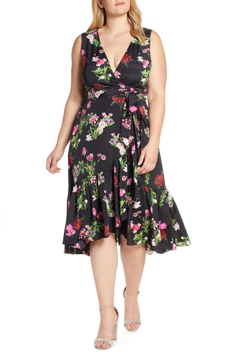 Ruffle Hem Faux Wrap Dress, Alternate, color, BLACK