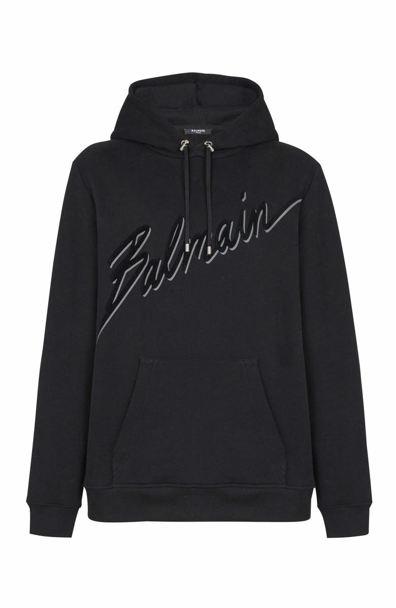 Balmain Flocked Balmain Letter Hoodie, Main, color, Black