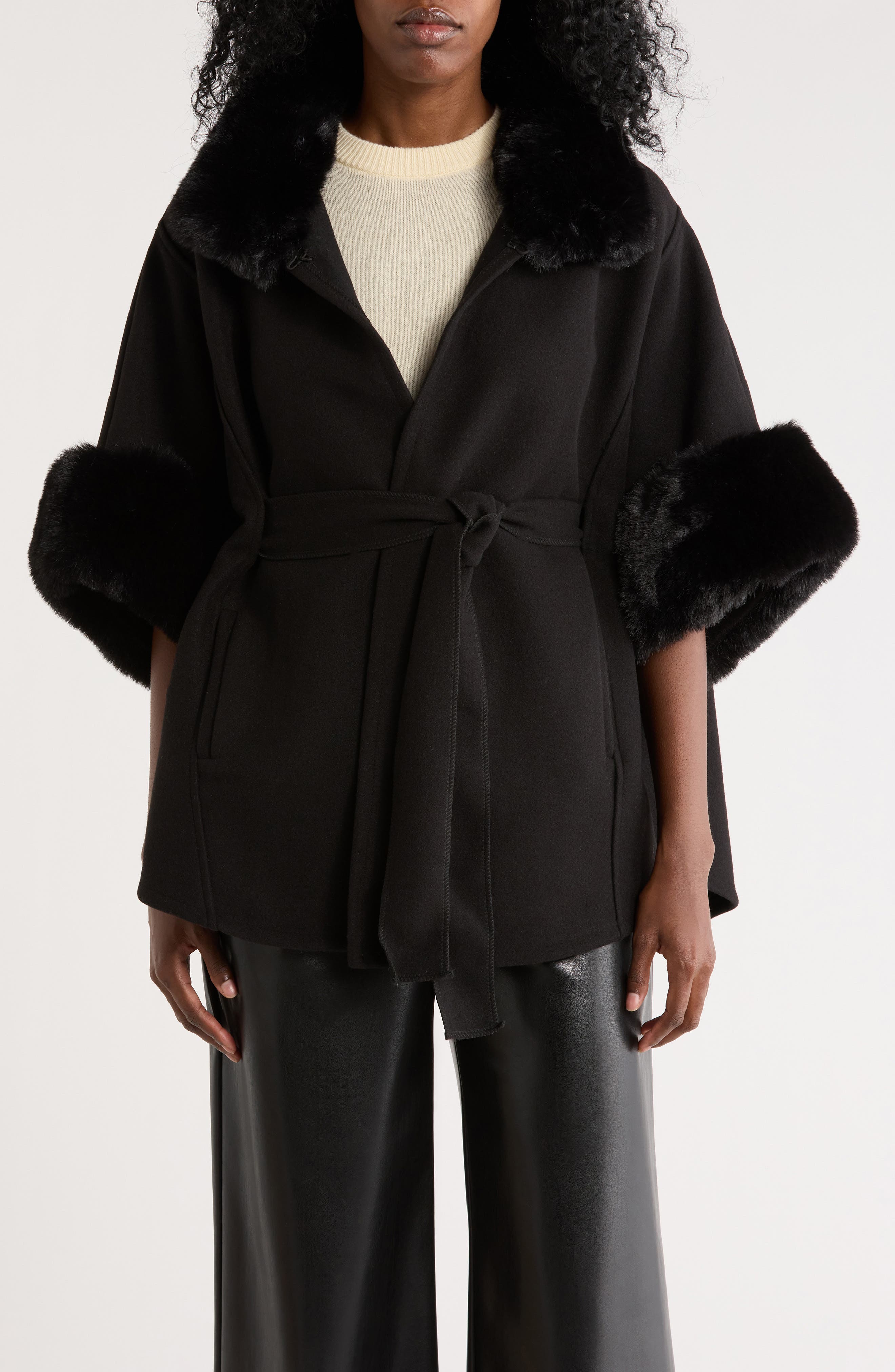 BCBG Faux Fur Belted Topper