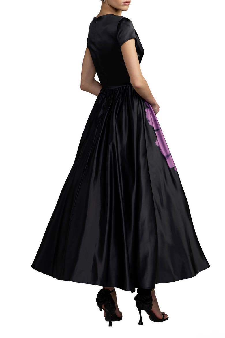 Satin Cap Sleeve Floral Printed A-Line Dress, Alternate, color, Black Multi
