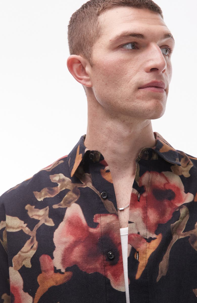 Topman Floral Short Sleeve Cotton & Linen Button-Up Shirt, Alternate, color, Black