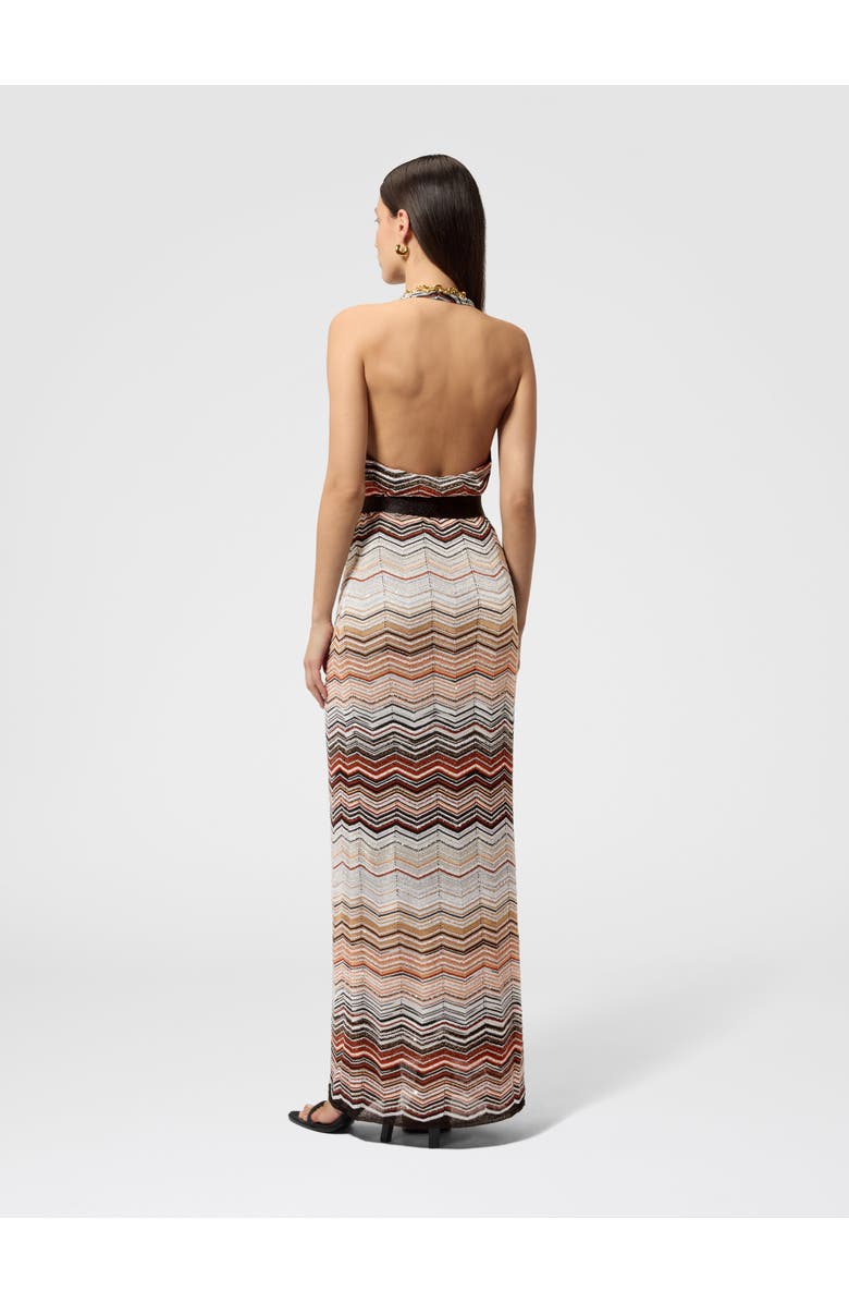 Missoni Sleeveless Long Dress In Viscose Chevron Lamé With Sequins, Alternate, color, Green& Brown