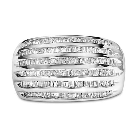 Silver 1.0 Cttw Channel Set Baguette Diamond 6-Row Domed Cocktail Ring