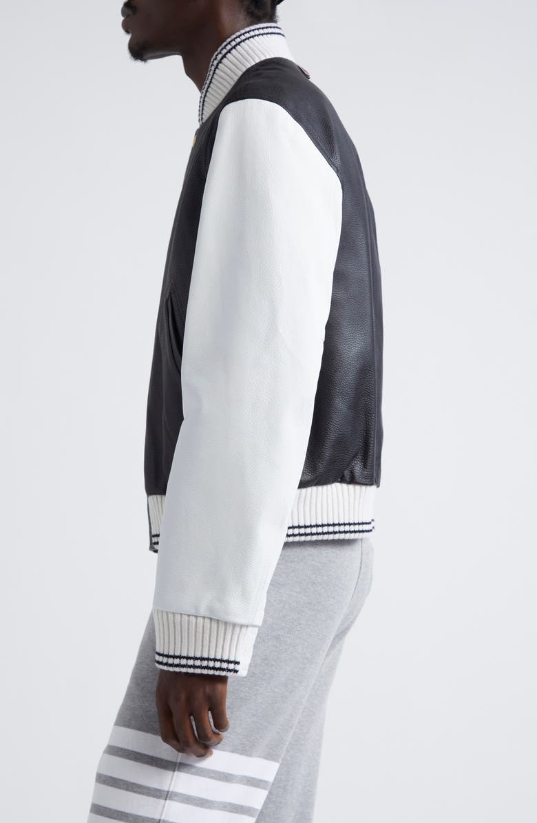 Thom Browne Mixed Media Leather & Wool Bomber Jacket, Alternate, color, Black
