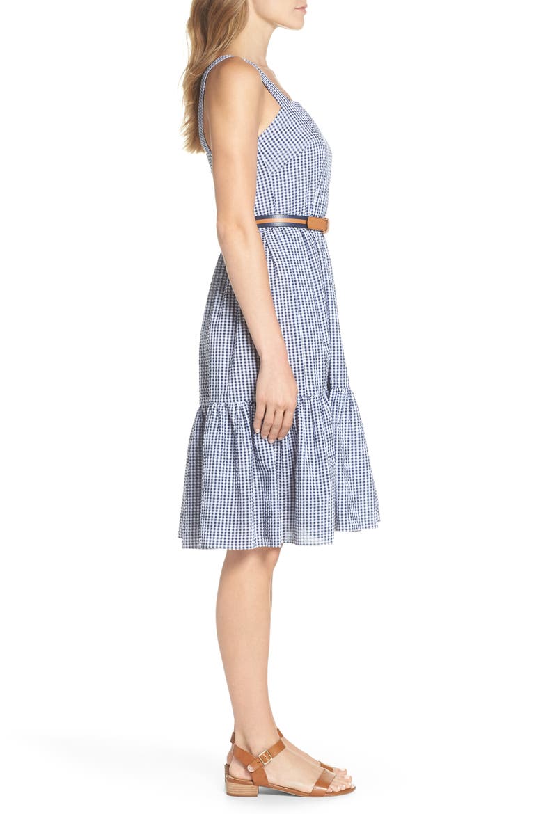 Ruffle Hem Seersucker Check Fit & Flare Dress, Alternate, color, NAVY/ IVORY