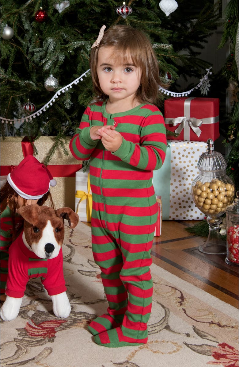 Leveret Kids Footed Striped Cotton Matching Family Holiday Pajamas, Alternate, color, Red & Green