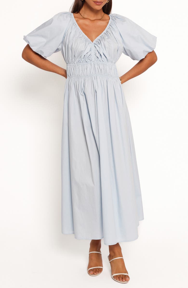 Petal & Pup Rozie Puff Sleeve Cotton Midi Dress, Main, color, Baby Blue