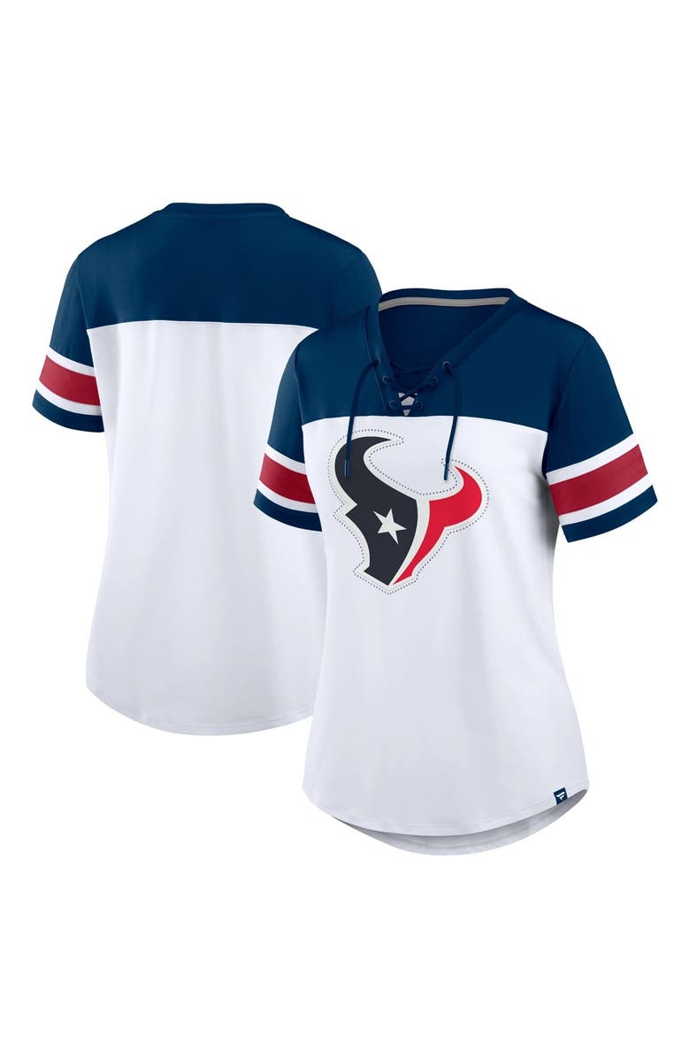 FANATICS Women's Fanatics White/Navy Houston Texans Athena Rhinestone Lace-Up V-Neck T-Shirt, Main, color, White