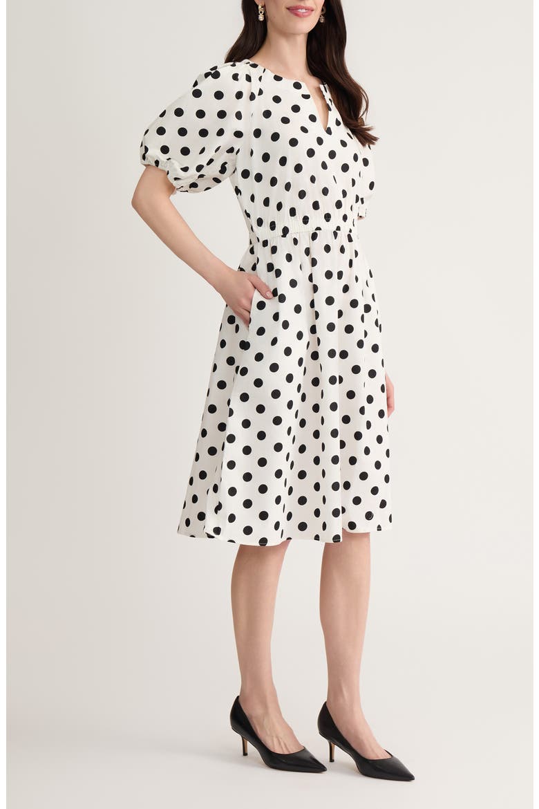 Polka Dot Puff Sleeve Stretch Cotton Dress, Alternate, color, LILY WHITE/ BLACK