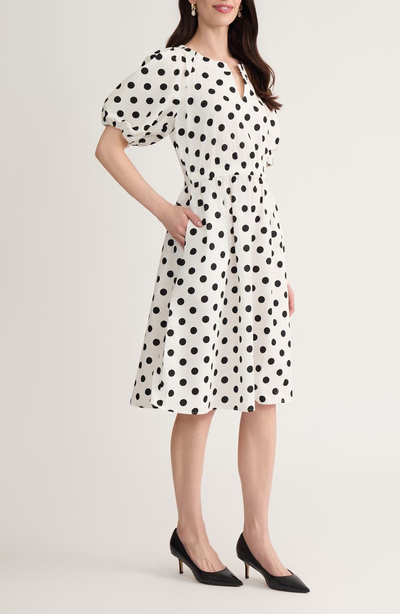KASPER Polka Dot Puff Sleeve Stretch Cotton Dress, Alternate, color,