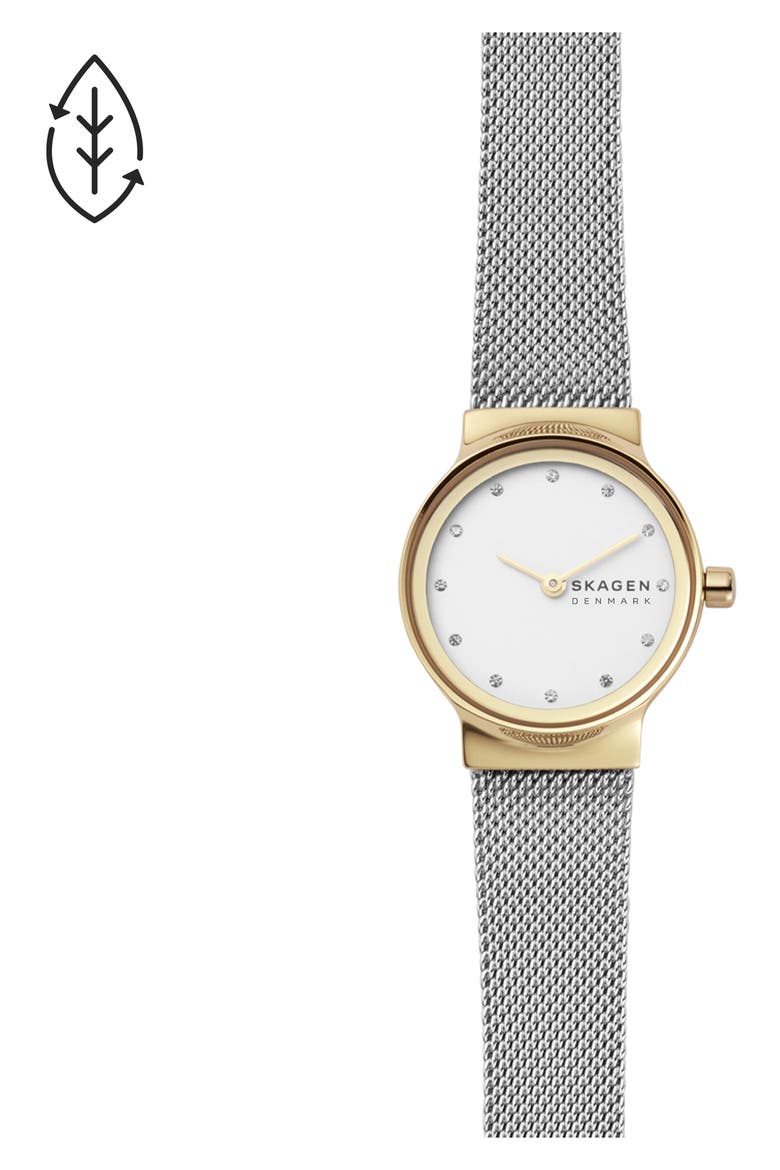 Freja Crystal Accent Mesh Strap Watch, 26mm, Alternate, color, SILVER/ WHITE/ GOLD