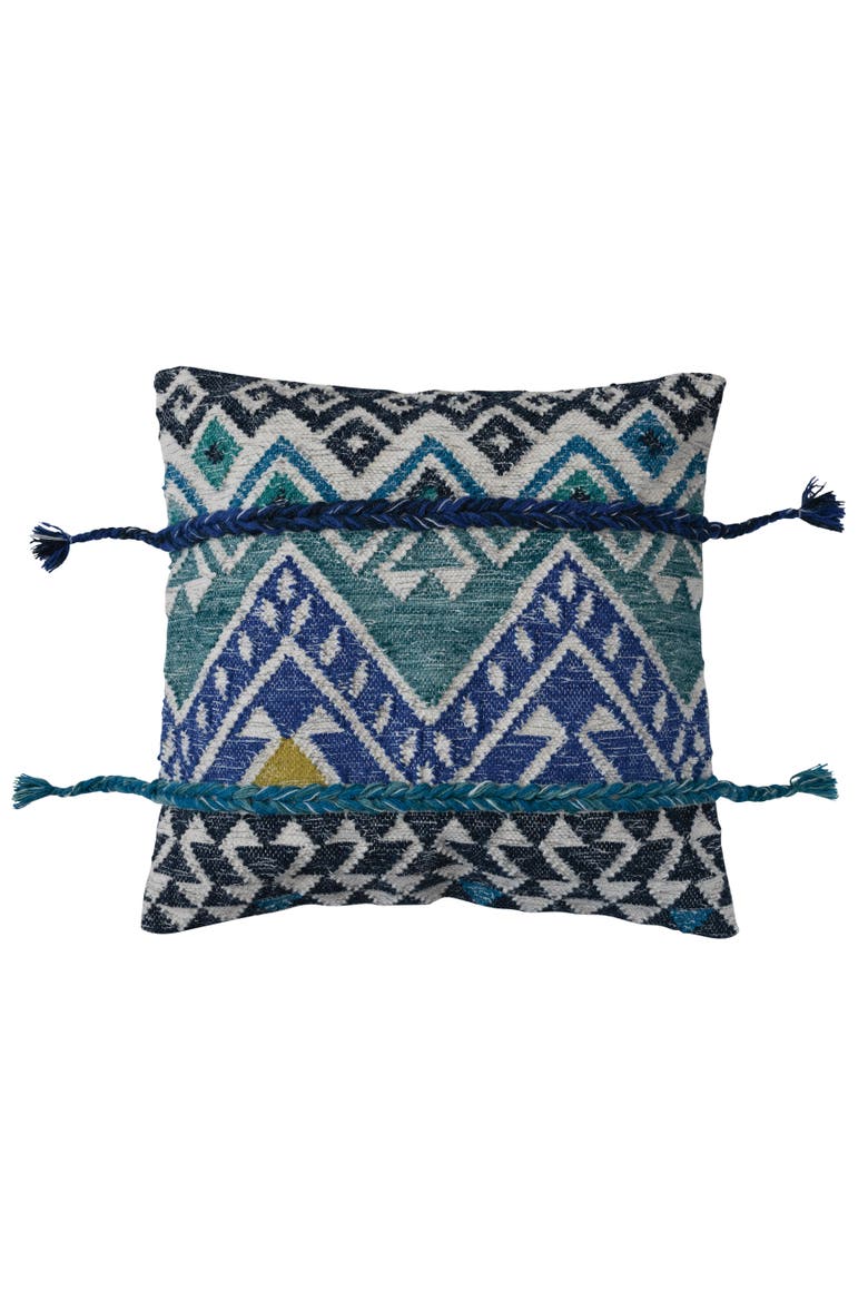 Global Wool and Cotton Throw Pillow with Ikat Pattern and Tassels, Multicolor, Main, color, Blue