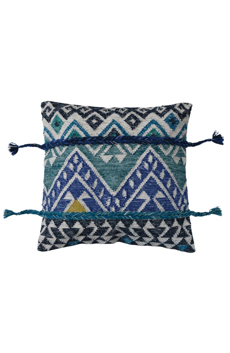 Storied Home Global Wool and Cotton Throw Pillow with Ikat Pattern and Tassels, Multicolor, Main, color, Blue