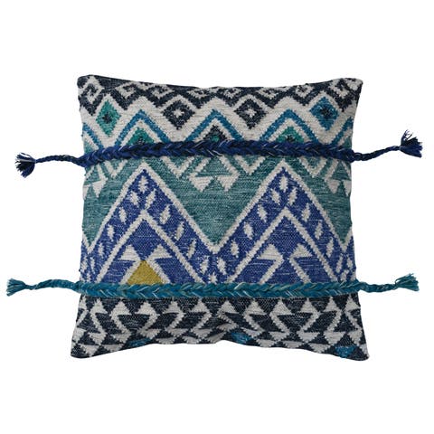 Global Wool and Cotton Throw Pillow with Ikat Pattern and Tassels, Multicolor