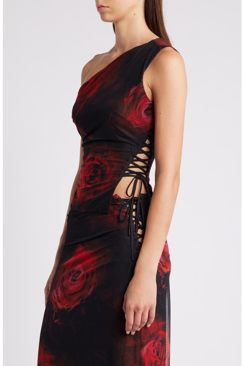 Rose One-Shoulder Lace-Up Mesh Top, Alternate, color, BLACK ROSE PRINT