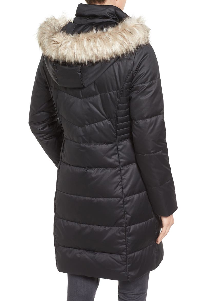 Faux Fur Trim Matte Satin Down Coat, Alternate, color, BLACK