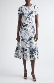 Oscar de la Renta Tonal Tropical Knit Midi Dress