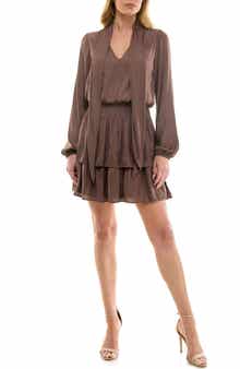 Socialite Tie Neck Long Sleeve Tiered Minidress