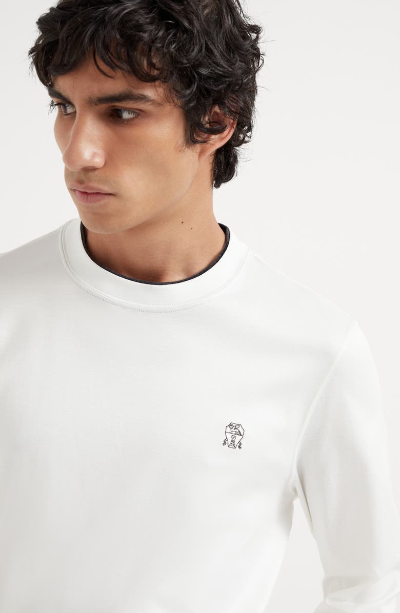 Brunello Cucinelli Cotton jersey long sleeve crew neck T-shirt with logo and faux-layering, Alternate, color, 