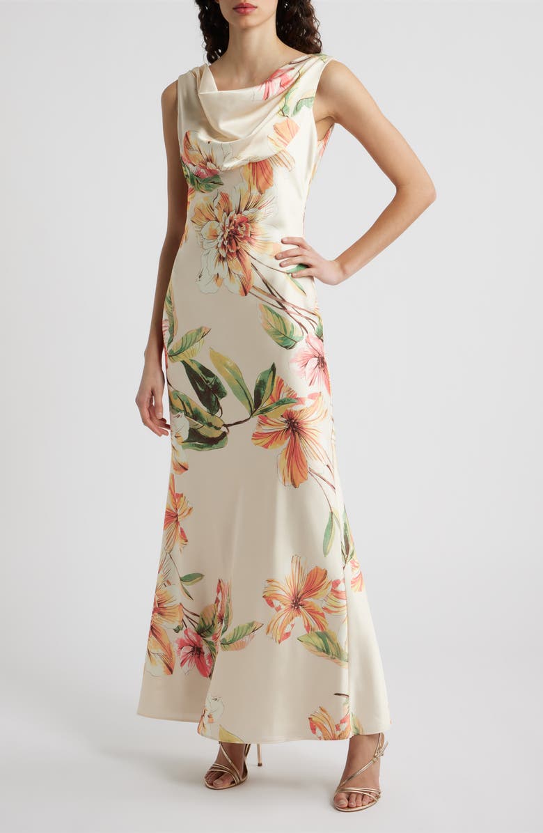 Eliza J Floral Cowl Neck Satin Gown, Main, color, Champagne