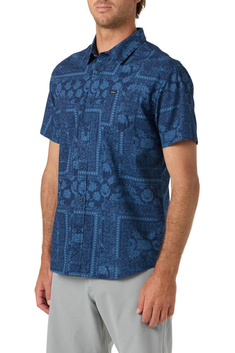 Terrace Print Short Sleeve Button-Up Shirt, Alternate, color, NAVY