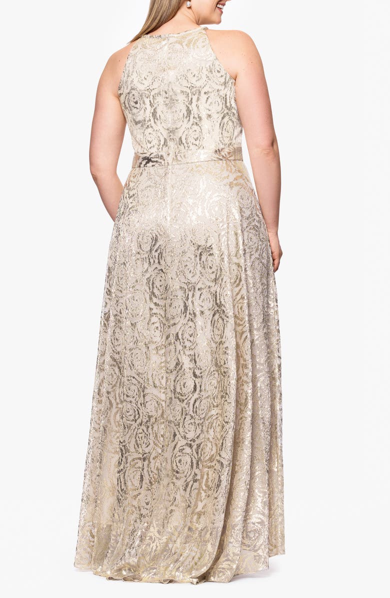 Betsy & Adam Rose Crinkle Foil Sleeveless Gown, Alternate, color, Champagne/ Gold