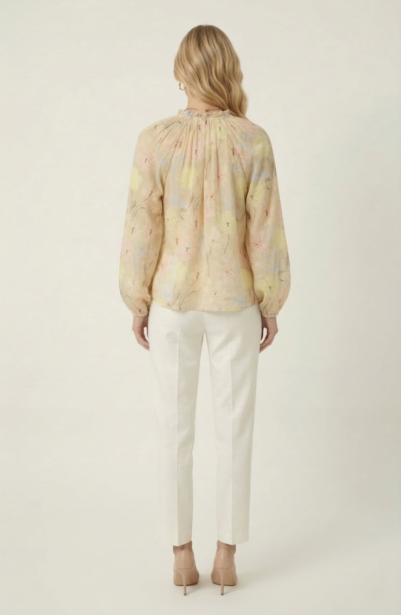 Modenaire Floral Print Blouse with Tassel Tie Neck and Long Sleeve, Alternate, color, Beige Floral