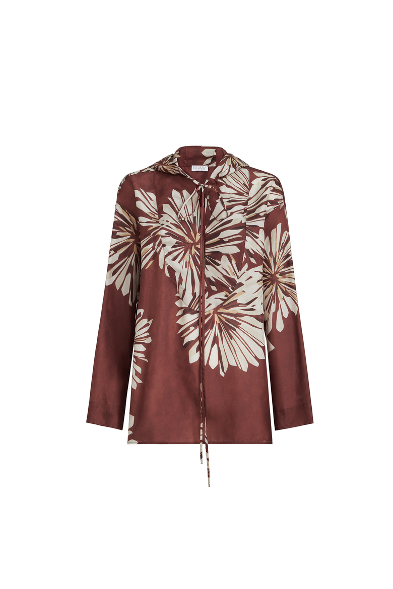 Bloom print pongee shirt, Alternate, color, Bordeaux