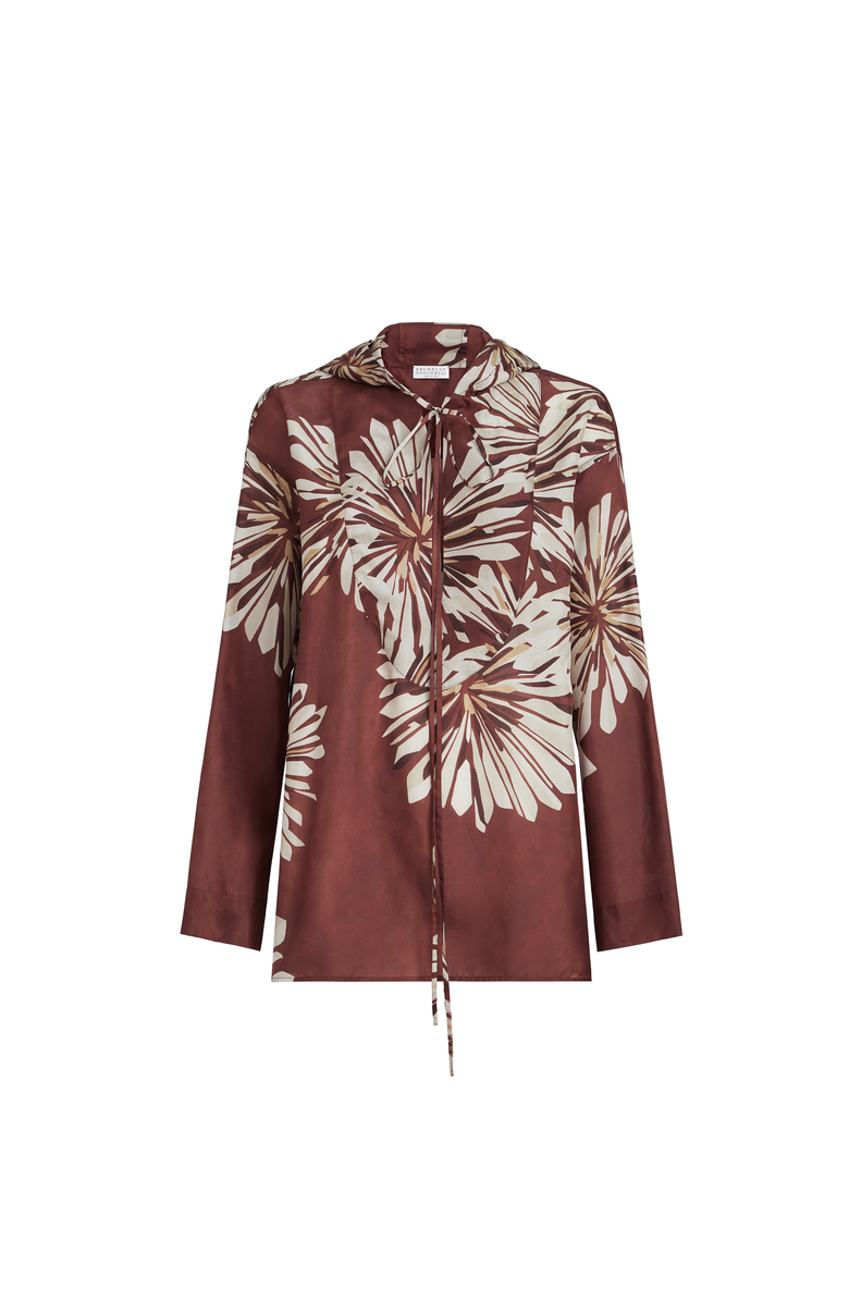Brunello Cucinelli Bloom print pongee shirt, Main, color, Bordeaux