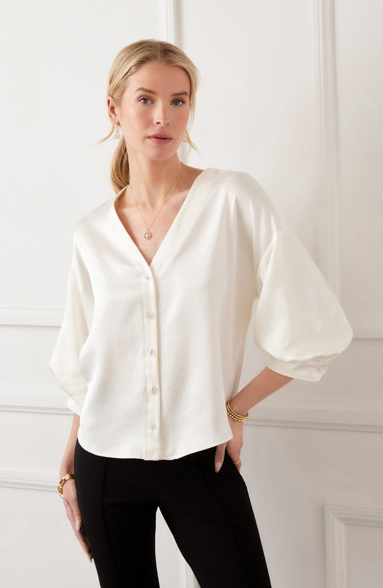 Karen Kane Satin Lantern Sleeve Button-Up Shirt, Alternate, color, Cream